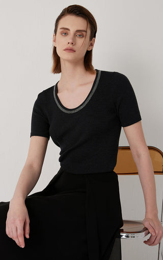Black ribbed knit top with fitted silhouette and contrasting ribbed scoop neckline trim