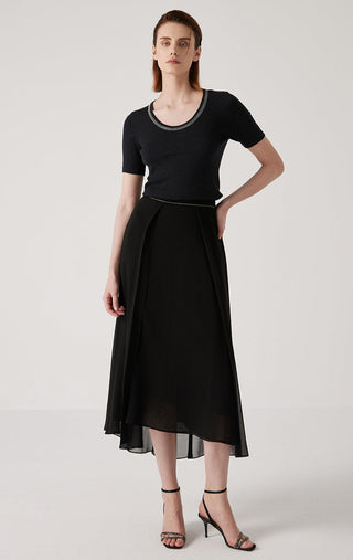 Black ribbed knit top with scoop neckline trim and short sleeves on full-length view