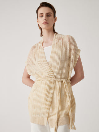 Apricot open-knit wrap cardigan tied at waist, V-neck front with flowing hem