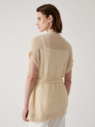 Apricot open-knit wrap cardigan back view with tie belt and short sleeves