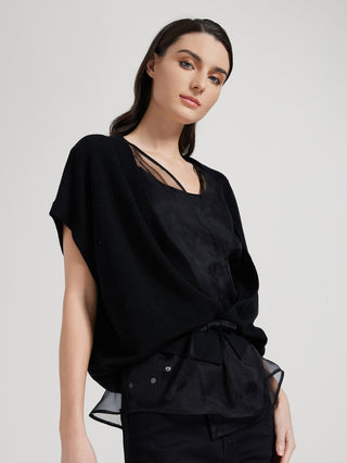 Black batwing sleeve top with V-neck, draped hem and front tie detail