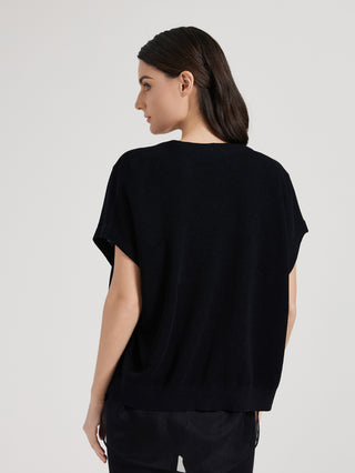 Black batwing sleeve top back view with draped cut