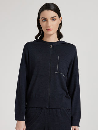 Dark gray wool-silk knit zip hooded cardigan with front pocket and smooth zipper