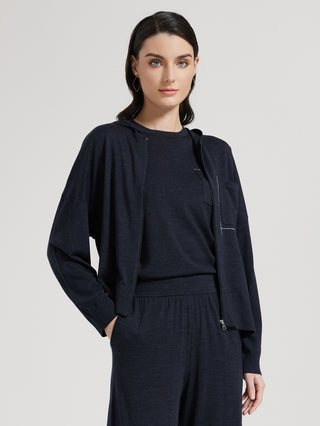 Dark gray wool-silk knit zip hooded cardigan, draped hood with front pocket