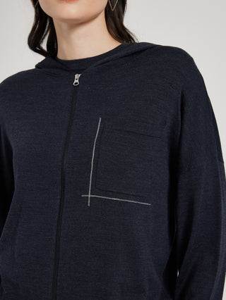 Close-up dark gray knit zip hooded cardigan with beaded-style cross motif on chest