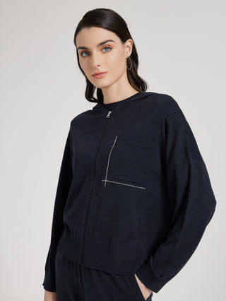 Dark gray wool-silk knit zip hooded cardigan with chest pocket and vertical zipper line