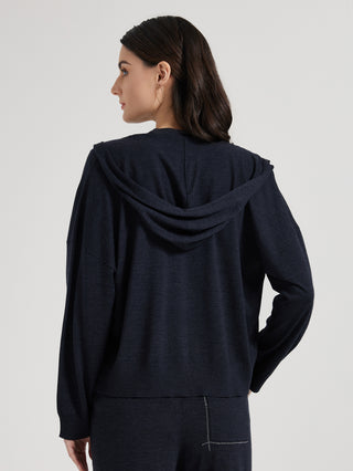 Back view dark gray knit zip hooded cardigan with draped hood and straight hem
