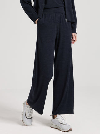 Dark gray wide-leg knit pants with relaxed fit and long straight hem fall