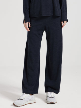 Dark gray wide-leg knit pants with elastic waist and long straight legs