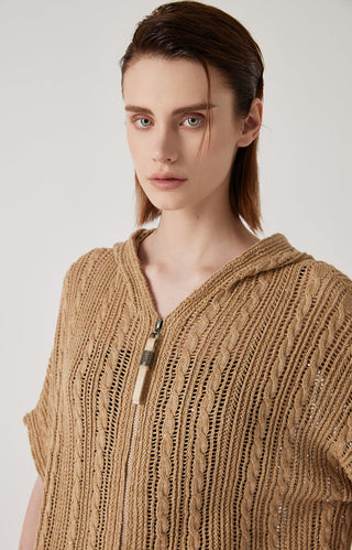 Brown knit hooded zip cardigan detail with vertical openwork pattern and metal zipper pull