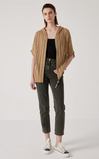 Brown linen openwork zip cardigan, hooded neckline and short batwing sleeves