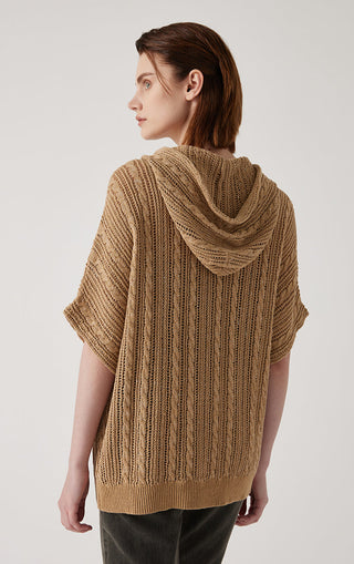 Brown openwork hooded zip cardigan from back view with draped cowl-style hood