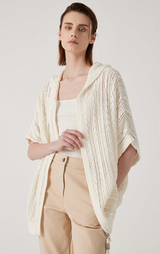 Cream/white hooded zip cardigan with openwork texture and metal zipper pull