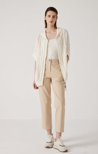 Cream/white linen openwork zip hooded cardigan with relaxed fit and ribbed trims