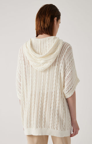 Cream/white openwork knit hooded zip cardigan, back view showing draped hood