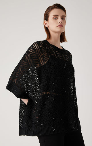 Black sequin-trim openwork linen knit pullover with wide sleeves and ribbed hem