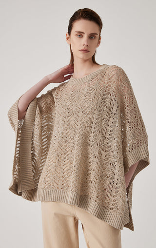 Camel openwork sequin-trim linen knit pullover, loose fit with ribbed crew neck