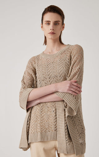 Camel openwork sequin-trim linen knit pullover with ribbed hem and textured knit pattern