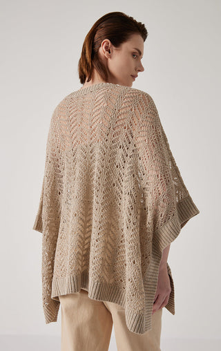 Camel openwork sequin-trim knit pullover, textured openwork back and ribbed sleeve cuffs