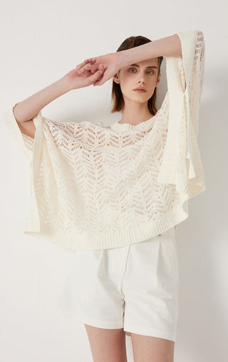 White openwork sequin-trim linen knit pullover, wide sleeves with ribbed neckline