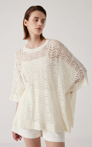 White openwork sequin-trim knit pullover, loose fit with ribbed cuffs and hem