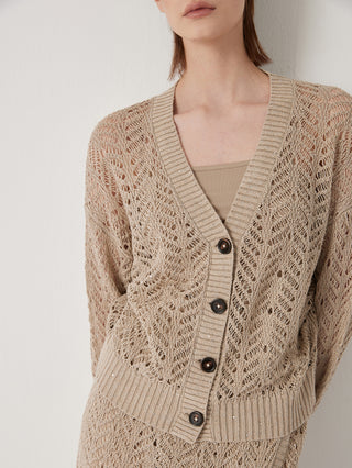 Camel sequin openwork knit cardigan close-up: V-neck, ribbed trim, button placket
