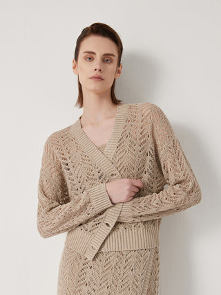 Camel openwork knit cardigan with V-neck and dark button closures