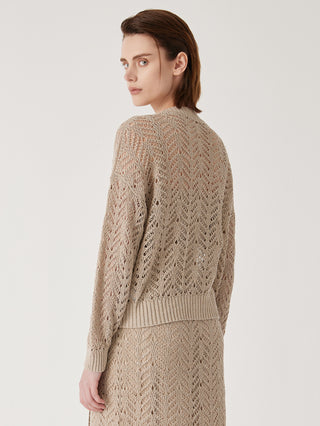 Camel openwork knit cardigan, long sleeves and ribbed hem and cuffs