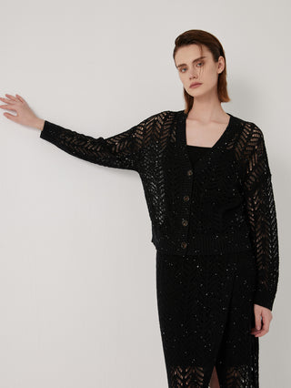 Black sequin openwork knit cardigan with button-front and long sleeves; V-neck