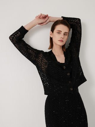 Black openwork sequin knit cardigan with V-neck and four-button front