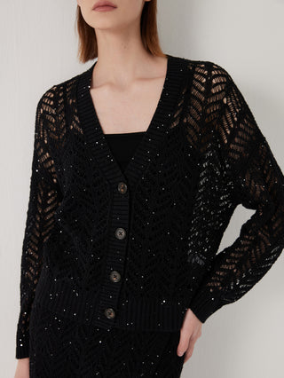 Black openwork sequin knit cardigan close-up: V-neck, button placket, ribbed cuffs