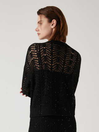 Black openwork knit cardigan back view with sequin speckle and ribbed hem