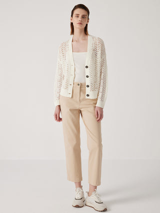 White openwork knit linen cardigan, V-neck and button-front, full view