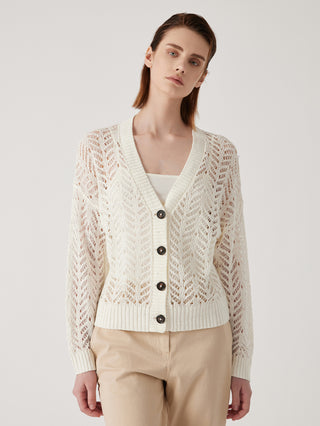 White openwork knit cardigan front with V-neck, three dark buttons, ribbed hem