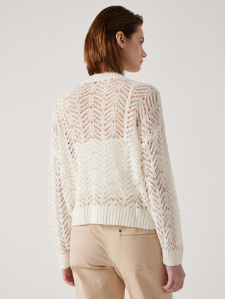 White openwork knit cardigan back view, ribbed hem and cuffs