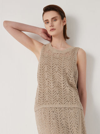 Camel sleeveless openwork knit tank with scoop neck and textured lattice pattern
