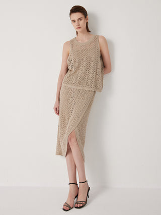 Camel openwork knit tank top with scoop neck and straight hem