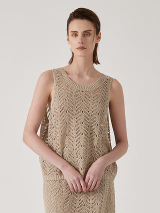 Camel linen knit tank with openwork pattern and scoop neck