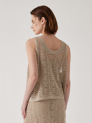 Camel openwork knit tank, back view with scoop neckline and ribbed trim