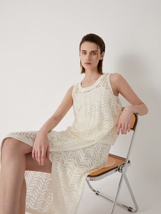 White openwork knit tank with scoop neck and subtle shimmer detail
