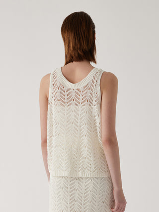 White openwork knit tank with scoop neck; back view showing ribbed collar