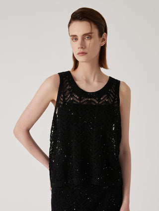 Black linen fine-sequin openwork knit tank, sleeveless crew neck, curved hem