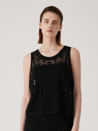 Black linen fine-sequin openwork knit tank with crew neckline and scalloped edge