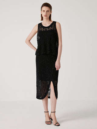 Black openwork sequin knit tank with sleeveless cut and crew neckline