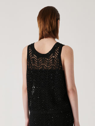 Back view of black openwork sequin knit linen tank with crew neckline