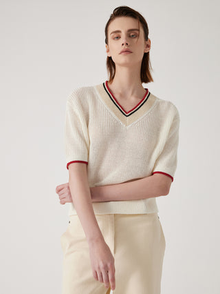 Cream ribbed knit V-neck sweater top with striped neckline trim and short sleeves