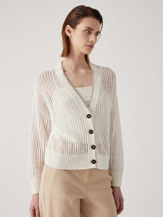 White linen openwork cardigan with long sleeves, V-neck and button front
