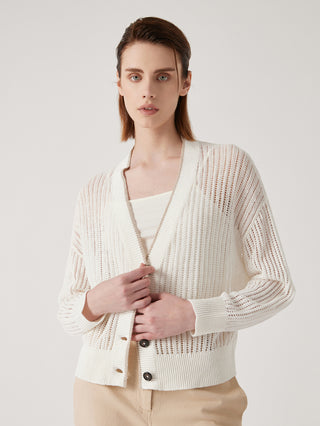 White linen openwork cardigan with V-neck and buttoned front