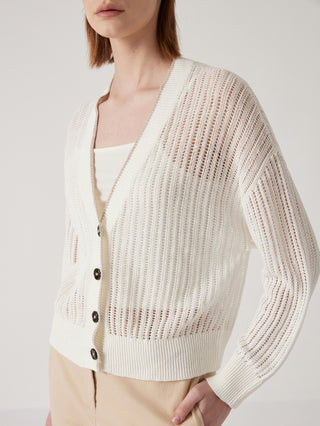 White openwork button cardigan close-up, ribbed cuffs and dark buttons