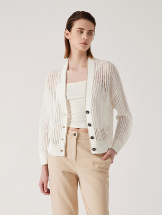 White linen openwork button cardigan with V-neck, button placket, and ribbed trim